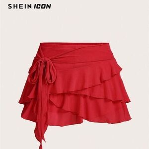 Shein Icon Red Ruffle Tie-Waist Mini Skirt